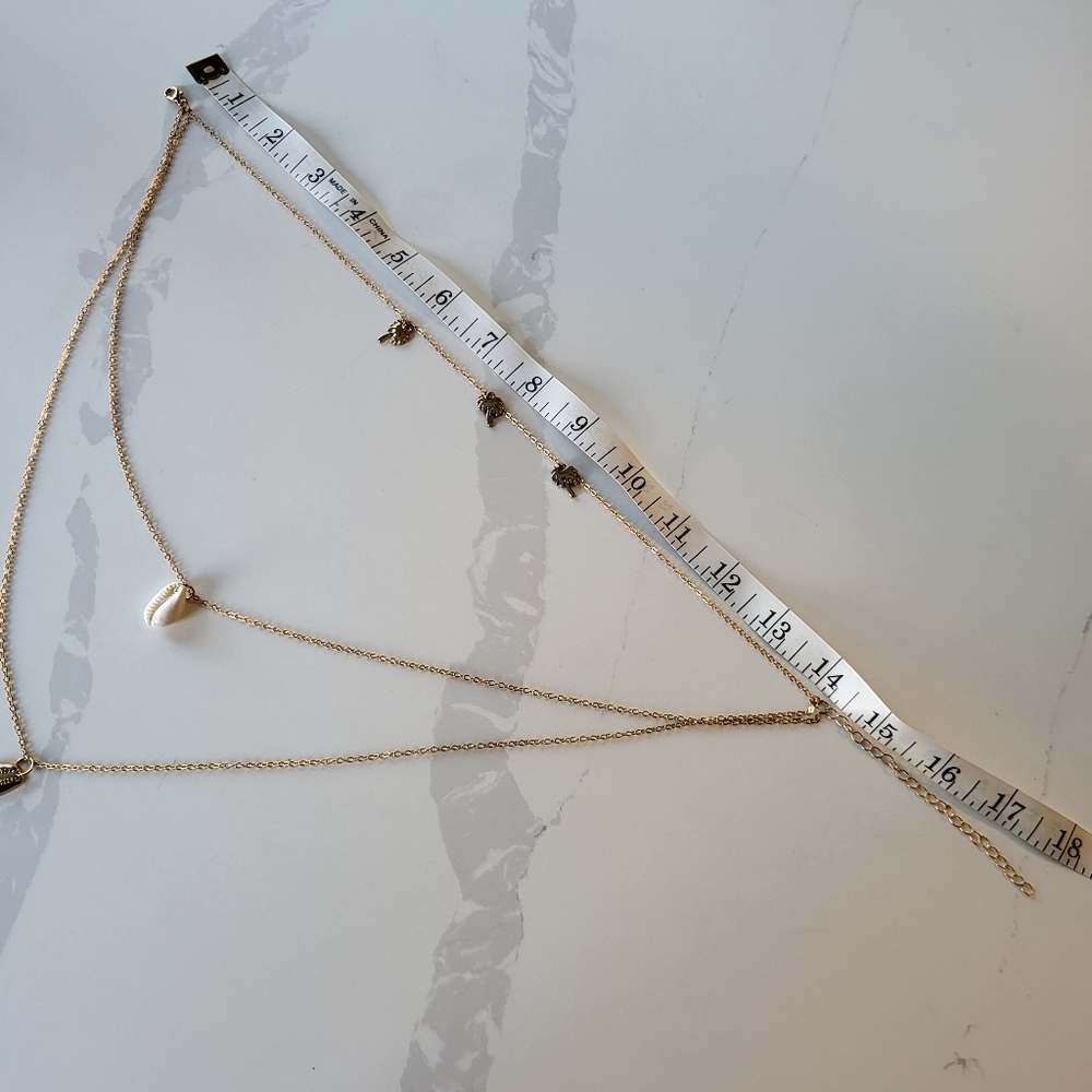 Cowrie + palm trees beachy tropical 3 tier layered necklace in gold - Picture 7 of 8